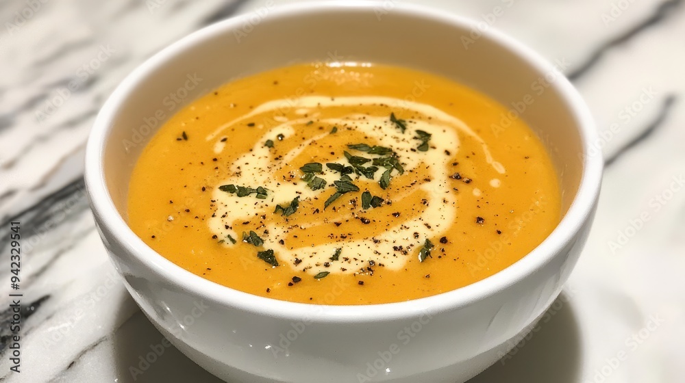 Creamy Pumpkin Soup in White Bowl Close Up Gourmet Autumn Fall Food Creamy Pumpkin Soup in White Bowl Close Up Gourmet Autumn Fall Food