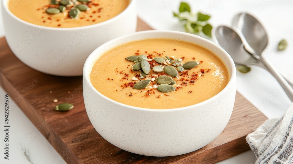 Creamy Pumpkin Soup with Toasted Pumpkin Seeds and Spices in White Bowl