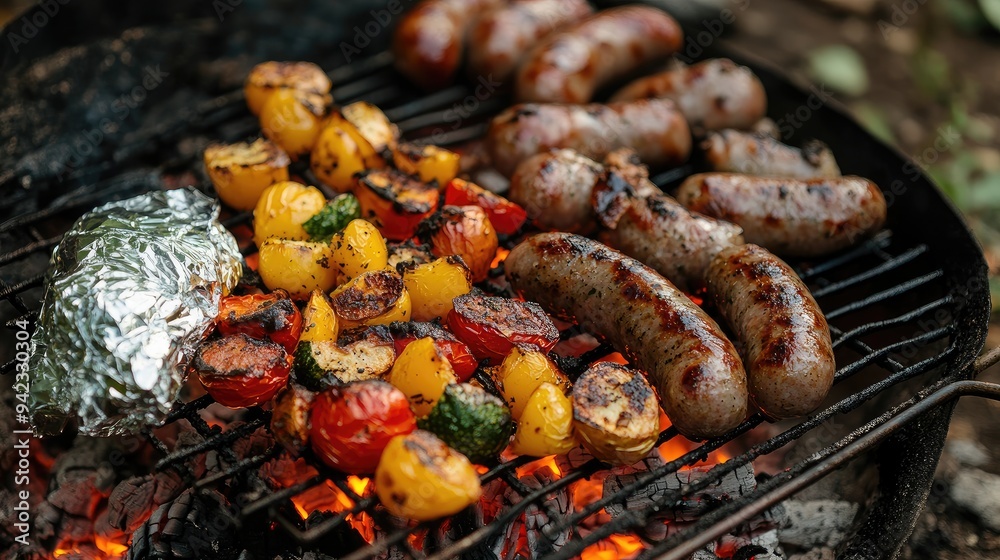 A campfire with a grill set up over the flames, cooking a hearty meal of sausages, vegetables, and foil-wrapped potatoes. A campfire with a grill set up over the flames, cooking a hearty meal of sausages, vegetables, and foil-wrapped potatoes.