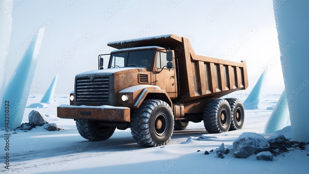 A heavy-duty dump truck navigates through a snowy landscape, showcasing its durability and strength in harsh, wintery conditions. A heavy-duty dump truck navigates through a snowy landscape, showcasing its durability and strength in harsh, wintery conditions.