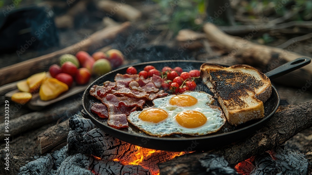 A camping breakfast spread with eggs, bacon, and toast, all cooked over an open fire and served with a side of fresh fruit.