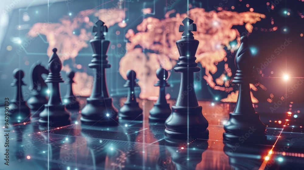 Chess pieces on a digital interface, reflecting world map, international business tactics generative ai Chess pieces on a digital interface, reflecting world map, international business tactics generative ai