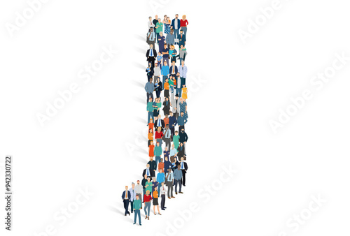 Illustration vectorielle représentant la lettre J de l'alphabet constituée d'une foule de personnages d'âge, de races et de sexes différents