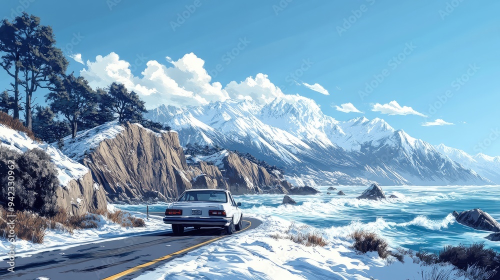 A car driving along a scenic winter coast, with snow-capped cliffs and the ocean waves crashing below. A car driving along a scenic winter coast, with snow-capped cliffs and the ocean waves crashing below.