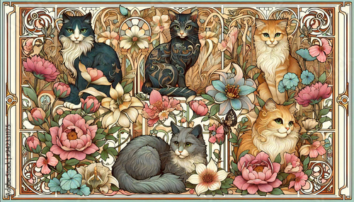 Decorative painting of flowers and a cat, generated by AI