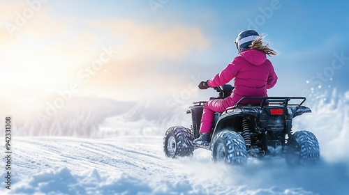 Winter Wonderland Adventures: Embracing the thrill, a young adventurer navigates a snowy mountain trail on an ATV, bathed in the golden glow of sunset. 
