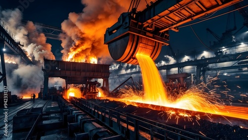 Intense scene of molten metal pouring in a steel mill, showcasing industrial processes and the dramatic energy of manufacturing at night.