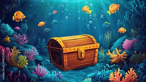 A cartoon treasure chest at the bottom of the sea, surrounded by fish and coral, offering a whimsical and adventurous scene with space for text. photo