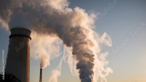 Majestic view of industrial smokestacks releasing steam against a twilight sky, highlighting environmental impacts and industrial activity. photo