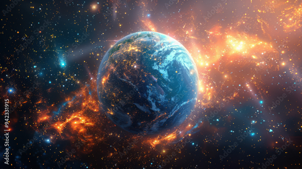 Galaxy, big beautiful planet earth, free space for text, colorful fantasy realism style Galaxy, big beautiful planet earth, free space for text, colorful fantasy realism style