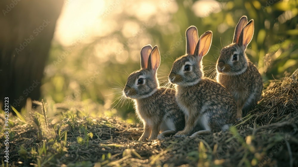 Fototapeta premium Three Cute Bunnies in Grass at Sunset