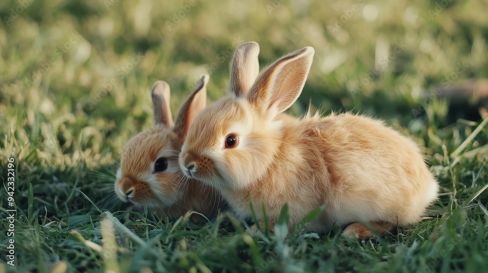 Fototapeta premium Cute Bunnies in Green Grass Easter Animals Springtime