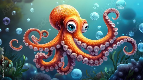 Wallpaper Mural A cheerful cartoon octopus swimming underwater, with bubbles and seaweed around, ideal for lighthearted and fun designs with ample room for messaging. Torontodigital.ca