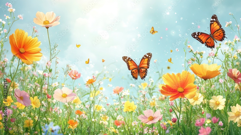 A cheerful spring banner with blooming flowers and butterflies, offering a lively and fresh design with clear space for copy at the top.