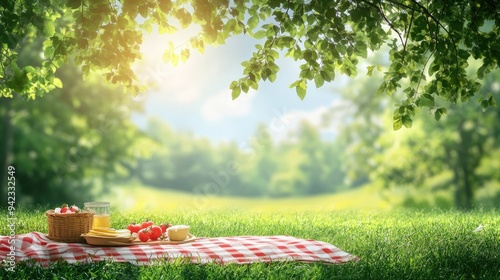 A cheerful summer background featuring a picnic setup under a shady tree with a clear sky and vibrant greenery, perfect for seasonal designs. photo