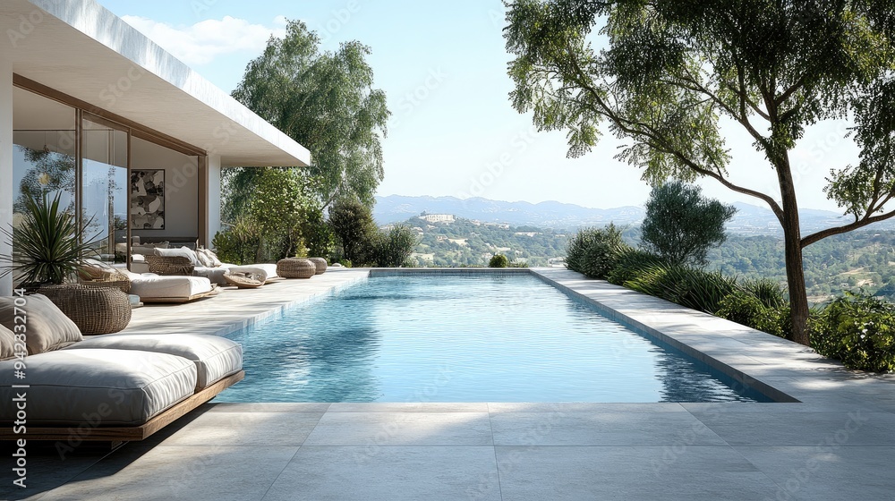 Fototapeta premium A chic pool area with elegant design, comfortable seating, and a beautiful landscape view. Clear copy space.