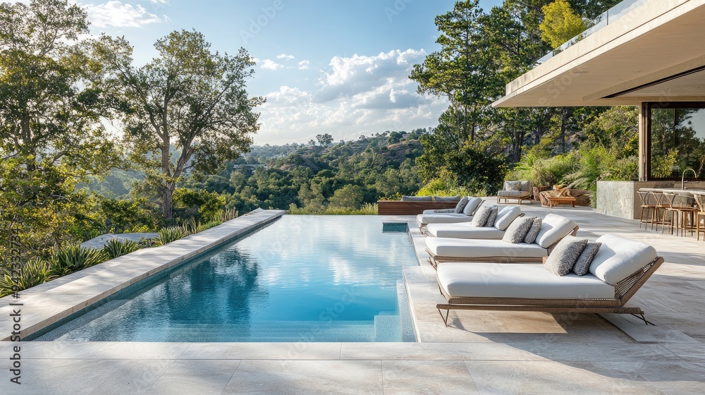 Fototapeta premium A chic pool area with elegant design, comfortable seating, and a beautiful landscape view. Clear copy space.