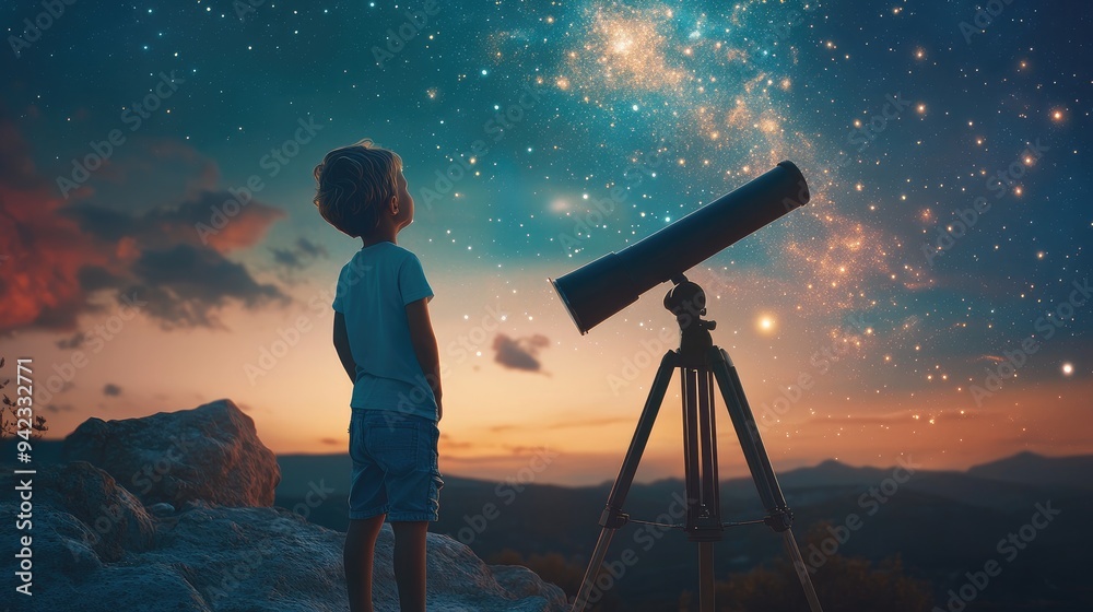 A child gazing through a telescope at a star-filled sky, imagining space adventures. Clear space for text. A child gazing through a telescope at a star-filled sky, imagining space adventures. Clear space for text.