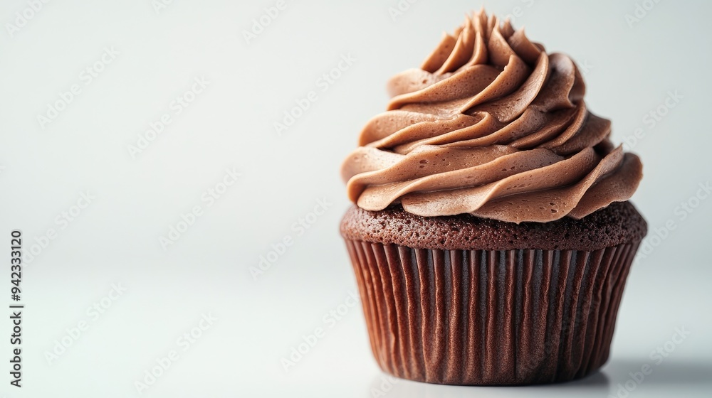 A chocolate cupcake with swirled frosting, set on a clean, white background with ample room for text. A chocolate cupcake with swirled frosting, set on a clean, white background with ample room for text.