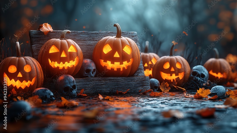 Halloween Party - Skeletons And Owl On Wooden Banner In Spooky Night At Moonlight Halloween Party - Skeletons And Owl On Wooden Banner In Spooky Night At Moonlight