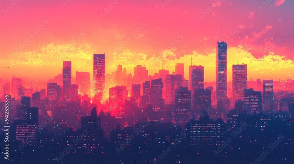 Fototapeta premium A city skyline at sunset, with the buildings silhouetted against the glowing orange and pink sky.