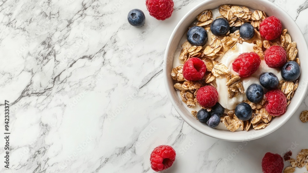 Bowl of granola with yogurt, raspberries, and blueberries on marble surface Bowl of granola with yogurt, raspberries, and blueberries on marble surface