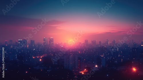 A city skyline at dusk  with the lights beginning to twinkle and the sky fading into night  offering a vibrant and dynamic scene with space for text.