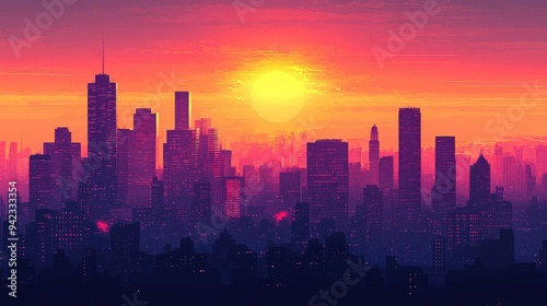 A city skyline at sunset  with the buildings silhouetted against the glowing orange and pink sky.