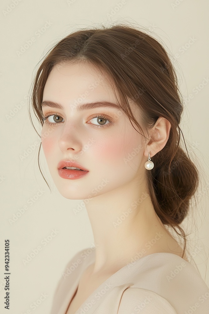 A model wearing pearl earrings, with an elegant and minimal beige dress, close-up shot on a cream background A model wearing pearl earrings, with an elegant and minimal beige dress, close-up shot on a cream background