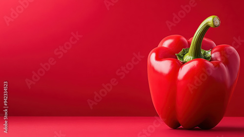 A red pepper sits on a red background. The pepper is the main focus of the image, and it is the only object in the scene