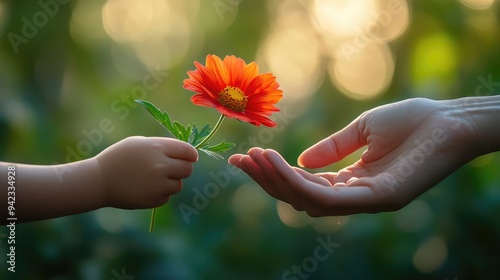 A close-up of a child's hand giving a flower to their mother, with a blurred background providing copy space. photo