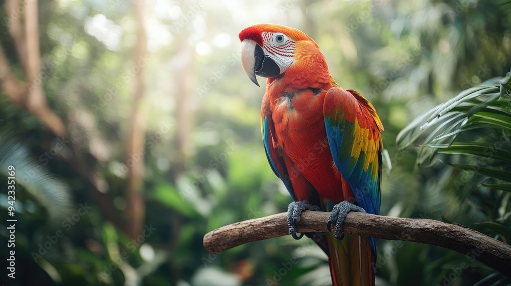 Obraz premium A close-up of a colorful parrot perched on a branch in a tropical rainforest, highlighting the beauty and diversity of wildlife with ample space for text.