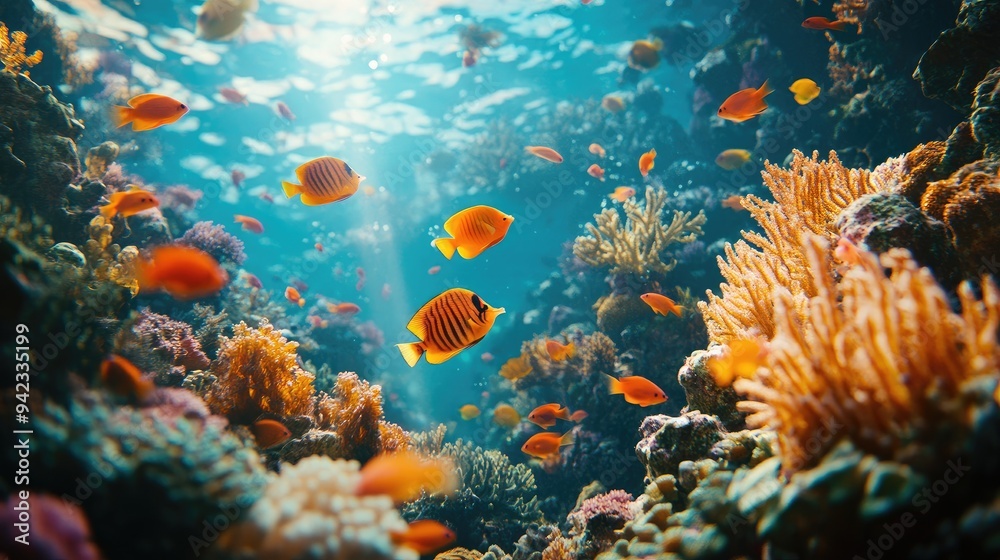 A close-up of a coral reef teeming with tropical fish and sea creatures, capturing the rich biodiversity of ocean life with space for text. A close-up of a coral reef teeming with tropical fish and sea creatures, capturing the rich biodiversity of ocean life with space for text.