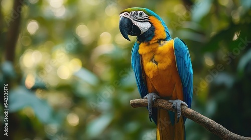 A close-up of a colorful parrot perched on a branch in a tropical rainforest, highlighting the beauty and diversity of wildlife with ample space for text.