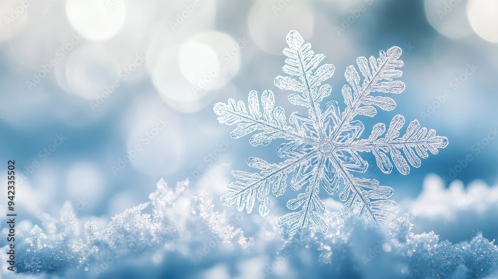 A close-up of a delicate snowflake with intricate patterns against a soft, blurred winter background, showcasing its unique beauty with ample copy space. A close-up of a delicate snowflake with intricate patterns against a soft, blurred winter background, showcasing its unique beauty with ample copy space.