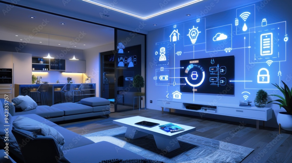 Smart Home Automation System Displayed on a TV Screen in a Modern Living Room Smart Home Automation System Displayed on a TV Screen in a Modern Living Room