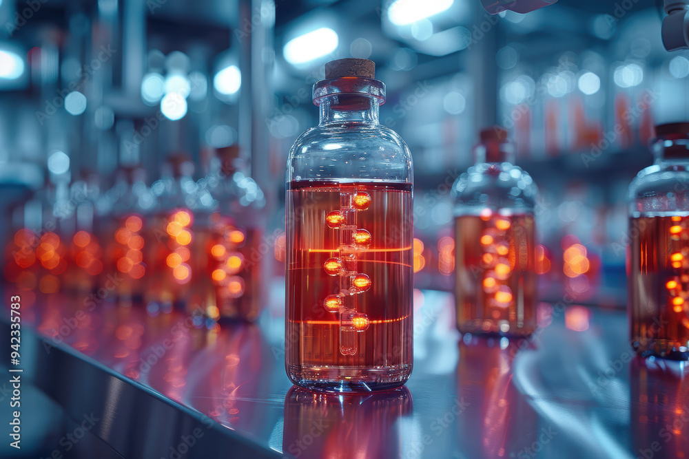 A bottle of liquid with a glowing DNA strand inside. The bottle is surrounded by other bottles, all of which are glowing in the same way. The scene is set in a laboratory A bottle of liquid with a glowing DNA strand inside. The bottle is surrounded by other bottles, all of which are glowing in the same way. The scene is set in a laboratory