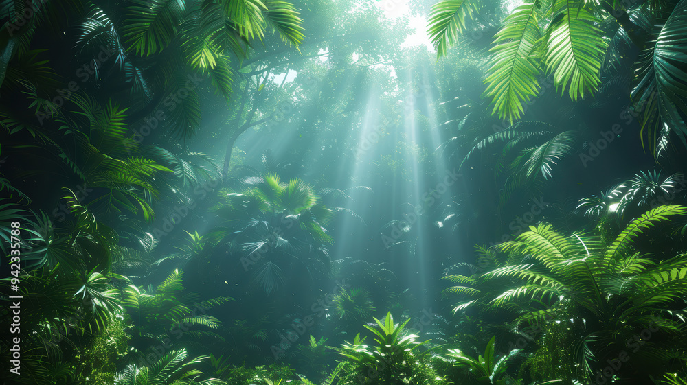 A lush green jungle with sunlight shining through the trees A lush green jungle with sunlight shining through the trees