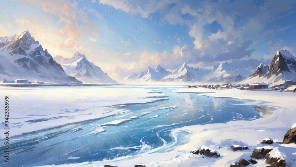Fototapeta premium Painting, winter landscape of glaciers