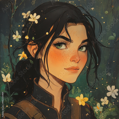 A woman with green eyes and a green shirt is shown with flowers in the background. The flowers are yellow and white