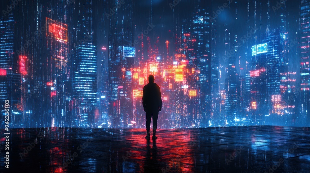 Futuristic Cityscape with Man in Silhouette and Neon Lights Futuristic Cityscape with Man in Silhouette and Neon Lights