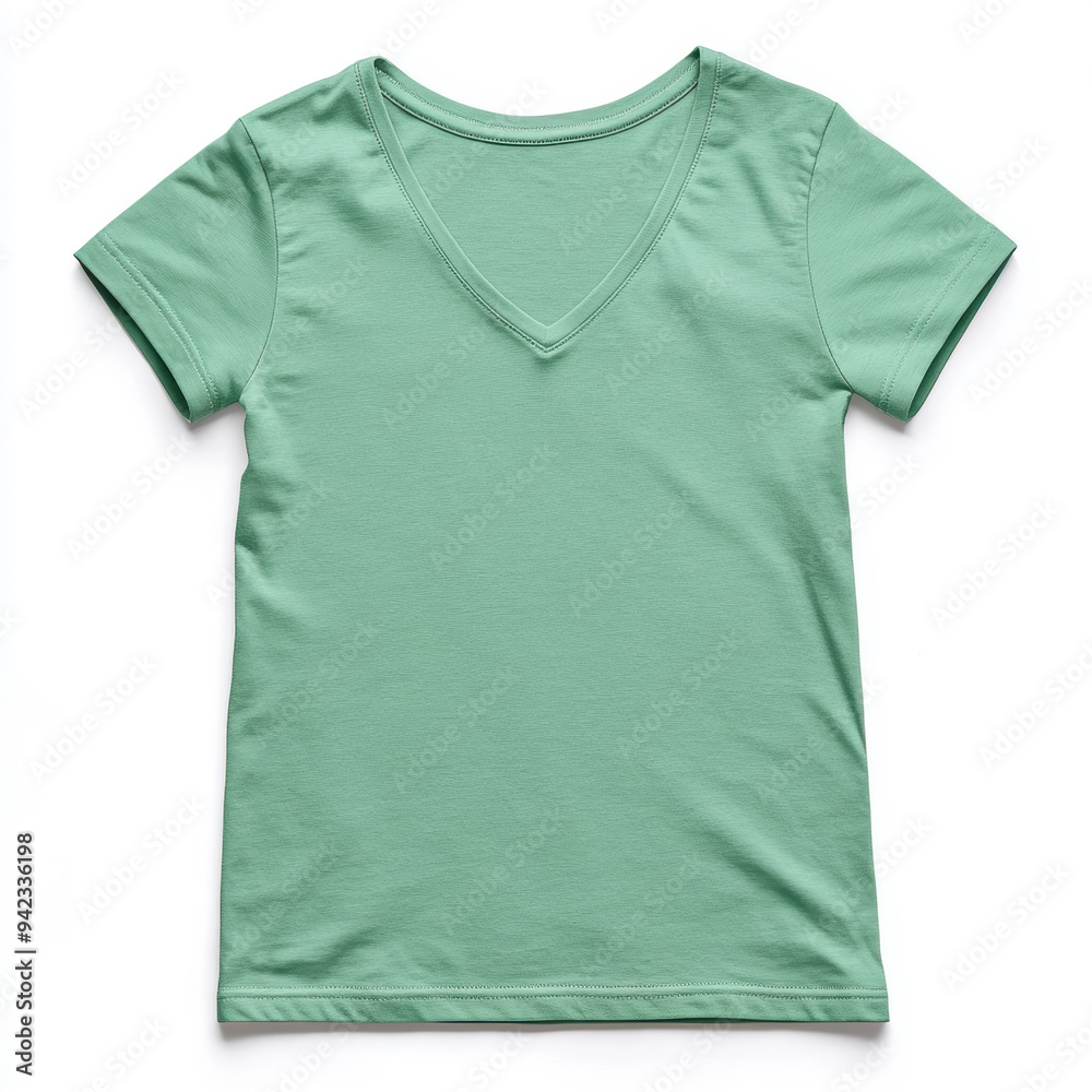 A green shirt with a v-neck and a short sleeve. The shirt is unbuttoned and the collar is rolled up A green shirt with a v-neck and a short sleeve. The shirt is unbuttoned and the collar is rolled up