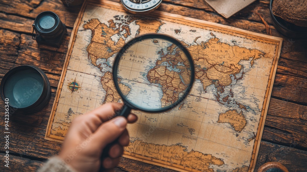 Fototapeta premium A close-up of a hand holding a magnifying glass over a world map, highlighting a specific destination, with travel planning items nearby.