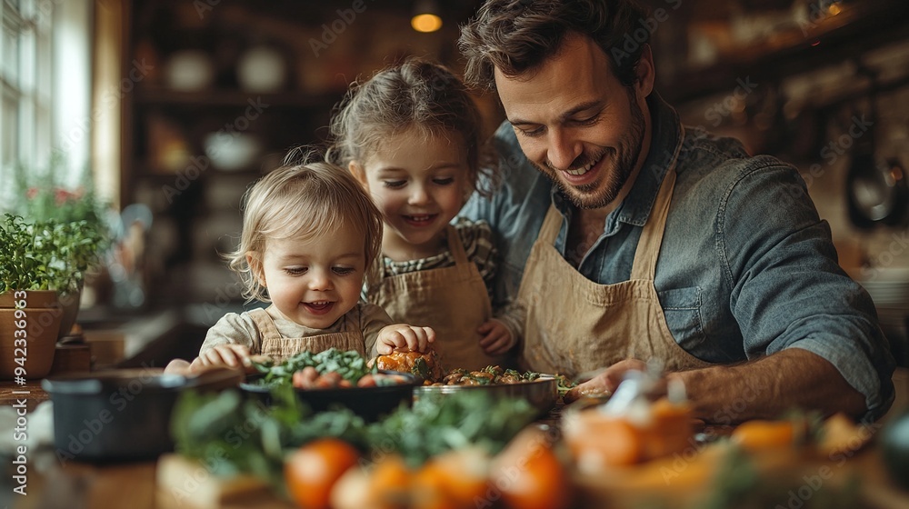 cooking in kitchen indoors with two small children young family.illustration