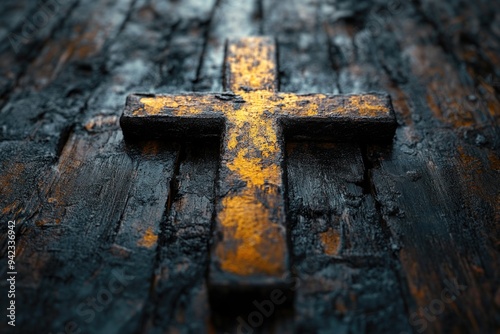 Extreme Close-Up of Cross: Detailed Texture, Christian Symbolism, and Spiritual Iconography