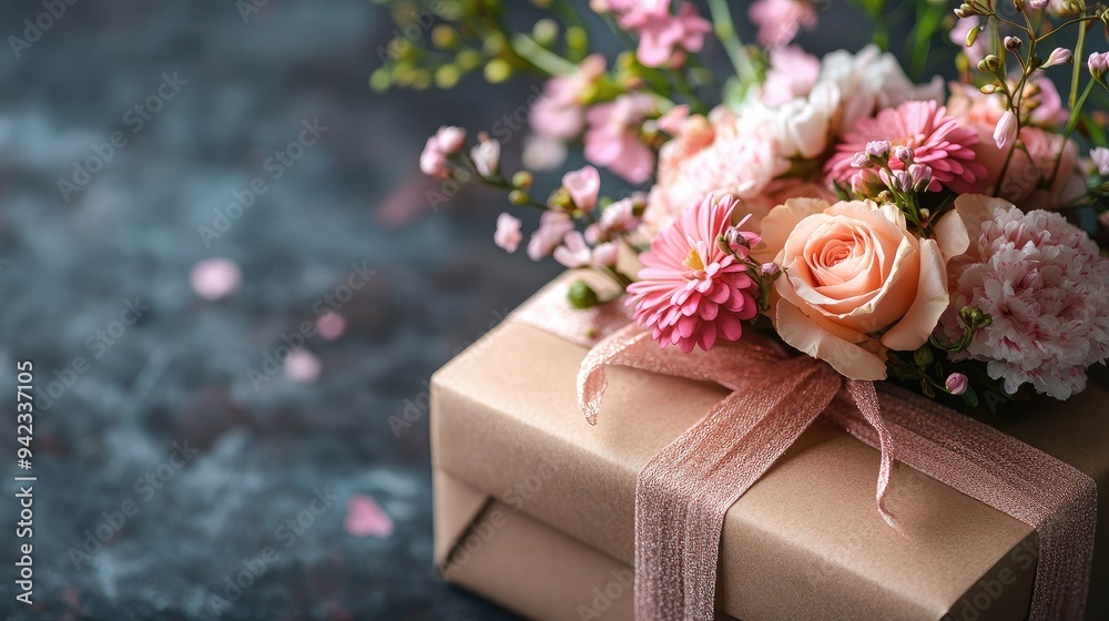 A close-up of a Mother's Day gift box with a floral arrangement and space for a message. A close-up of a Mother's Day gift box with a floral arrangement and space for a message.