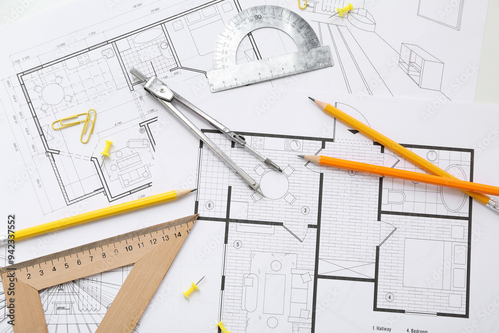 Architect's supplies on house plans, top view Architect's supplies on house plans, top view