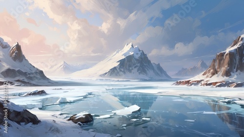 Painting, winter landscape of glaciers
