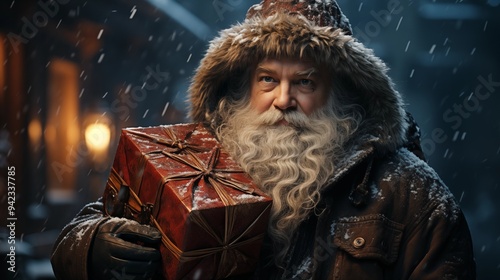 Santa claus delivers christmas gifts in a snowy night