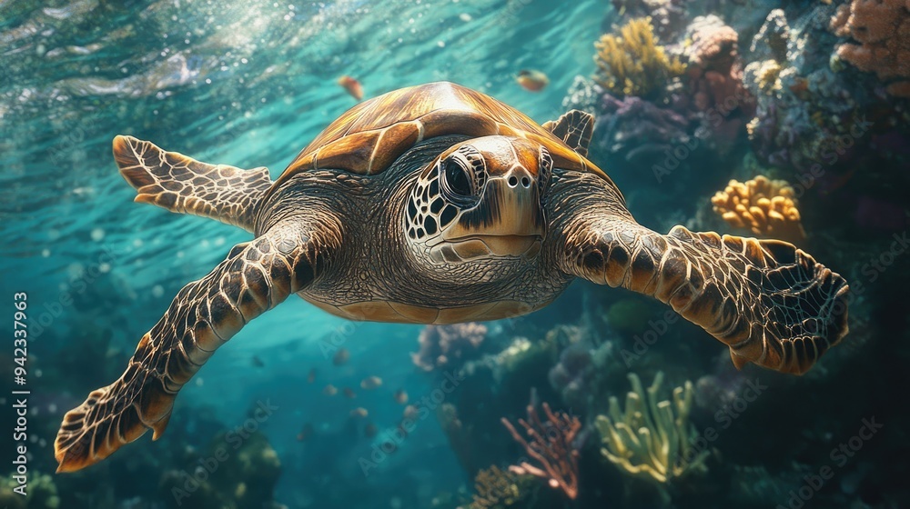Obraz premium A close-up of a sea turtle gliding gracefully through clear ocean water, surrounded by a diverse marine ecosystem and coral.